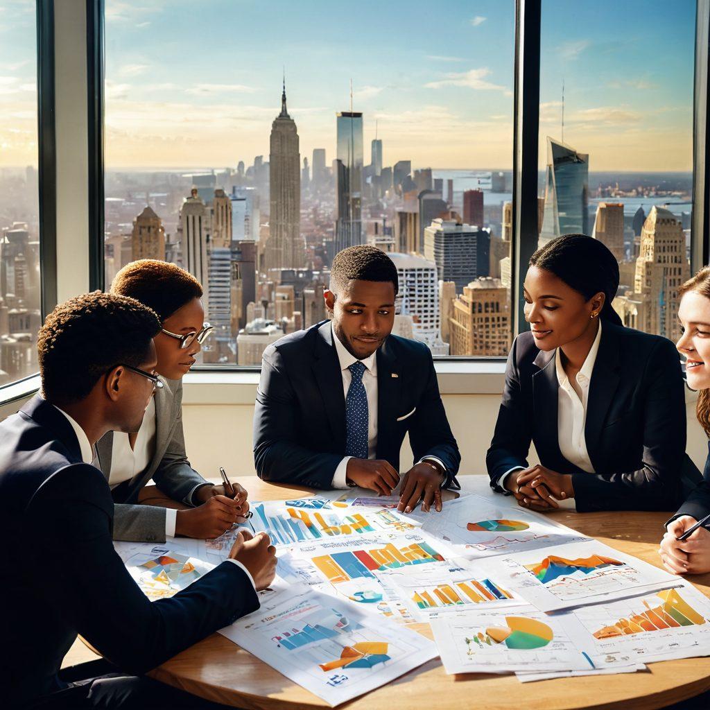 A dynamic collage featuring a diverse group of individuals strategizing around a table, with graphs and financial charts depicting growth. In the background, images of a bustling city skyline symbolize opportunity, while a piggy bank and gold coins suggest wealth. Soft light filtering through the window creates an atmosphere of optimism and hope. super-realistic. vibrant colors. motivational style.