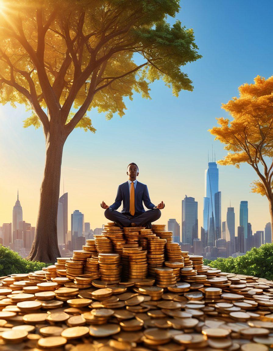 A serene financial landscape featuring a person meditating on a pile of coins under a tree symbolizing growth, surrounded by colorful graphs and a budget planner that transitions into a flourishing city skyline representing wealth management. Bright and vibrant colors, with a clear blue sky and golden sunlight casting a warm glow. super-realistic. vibrant colors. 3D.